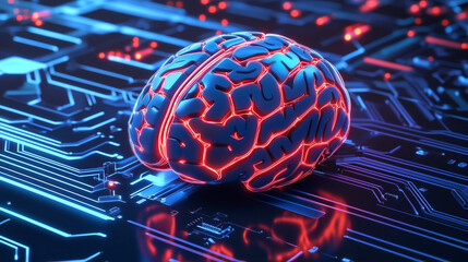 Fototapete - A 3D rendering of a glowing neon blue and red brain on a circuit board background, highlighting the AI concept with advanced digital technology. The close-up view emphasizes the intricate design and f