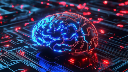 Fototapete - A 3D rendering of a glowing neon blue and red brain on a circuit board background, highlighting the AI concept with advanced digital technology. The close-up view emphasizes the intricate design and f