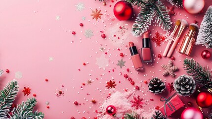 Wall Mural - festive beauty flatlay with christmas decorations, makeup products, and pine branches on pink backgr