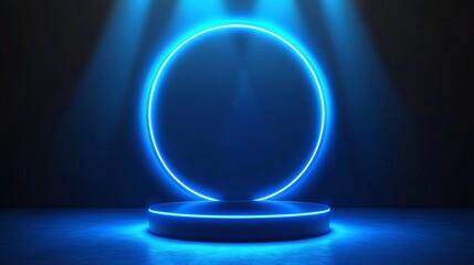 Glowing Blue Pedestal Podium on a Futuristic Digital Technology Stage for Hi-Tech Presentation