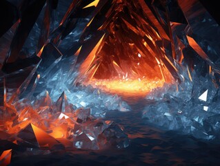 3D abstract cave with glowing crystals, mysterious design