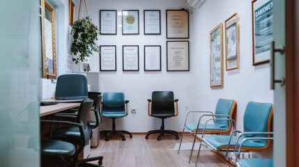 Wall Mural - Doctor's office with medical certificates and diplomas on the wall.