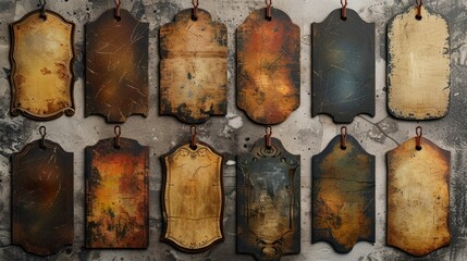 Vintage decorative tags hanging on a rustic wall