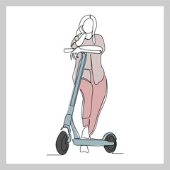 Wall Mural - Continuous single line sketch drawing of young woman ride electric scooter for mobile activity. One line modern go green future transportation vector illustration