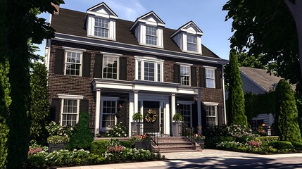 Wall Mural - Colonial style.A charming, two-story brick home surrounded by lush greenery and vibrant flowers, showcasing elegant architectural details and a welcoming entrance.