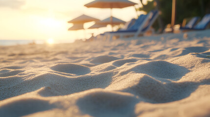 Wall Mural - Hyper-Realistic Close-Up of Beach Sand with Umbrellas and Chairs at Sunset