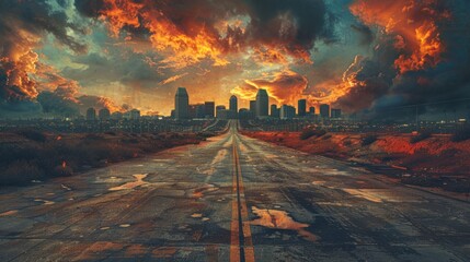 Dramatic sunset over urban skyline with stormy clouds on horizon