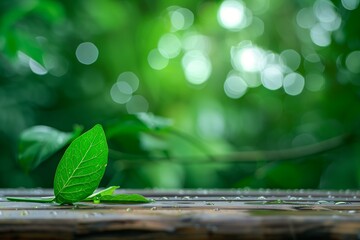 Wall Mural - Close-Up View of Dewy Green Leaves on Wooden Surface in Lush Forest Environment