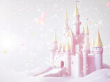 A magical 3D princess castle birthday party background with castles, crowns, and sparkles, perfect for a royal celebration. Empty copy space included for text.. AI