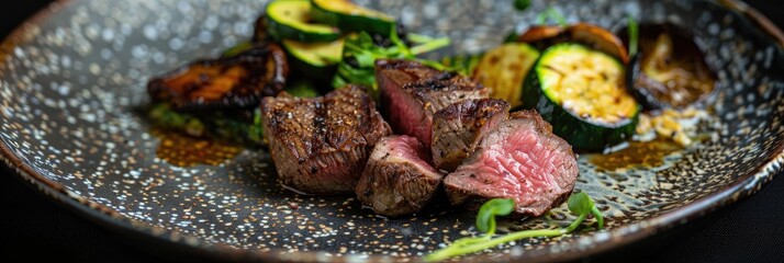 Poster - Italian Chianina beef fillet seared rare with mushrooms and zucchini presented in a close up on a sleek Nordic plate