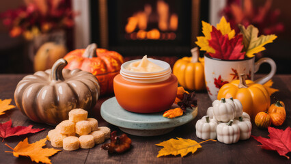 Poster - A table with a jar of cream sitting on top surrounded by pumpkins and other decorations, AI