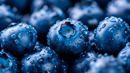Wall Mural - Closeup of a blueberrys surface showing the deep blue skin with a powdery bloom and tiny imperfections 