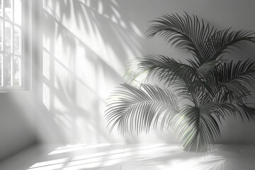 Abstract natural palm tree leaves shadow on white wall background 