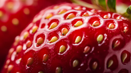 Wall Mural - Macro background of a strawberrys surface featuring bright red skin dotted with tiny yellow seeds 