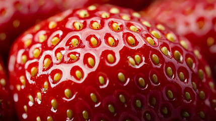 Wall Mural - Macro background of a strawberrys surface featuring bright red skin dotted with tiny yellow seeds 