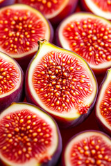 Canvas Print - Macro background of the inside of a ripe fig displaying vibrant red and yellow seeds with intricate patterns 