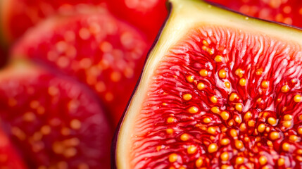 Poster - Macro background of the inside of a ripe fig displaying vibrant red and yellow seeds with intricate patterns 