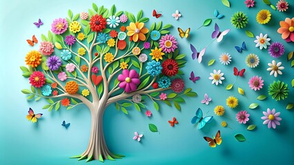 Poster - A Symphony of Spring: A 3D Paper Tree Bursting with Vibrant Blooms  Generative AI