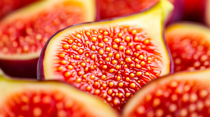 Wall Mural - Macro background of the inside of a ripe fig displaying vibrant red and yellow seeds with intricate patterns 
