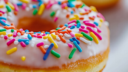 Wall Mural - Macro shot of the texture of a donut highlighting the glossy glaze with colorful sprinkles on a soft airy dough 