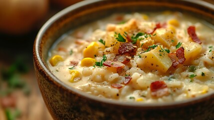 Rice and sweet corn chowder.A delicious bowl of creamy corn chowder topped with crispy bacon and fresh herbs, perfect for showcasing comfort food recipes. 