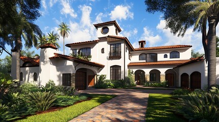 Wall Mural - Spanish mission.A stunning Mediterranean-style villa surrounded by lush greenery and palm trees, showcasing elegant architectural details and a welcoming pathway. 