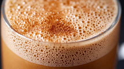 Sticker - Macro shot of the texture of a glass of spiced chai highlighting the creamy frothy surface with a sprinkle of cinnamon 