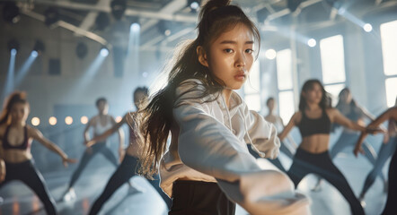 Poster - A pretty Korean girl is dancing in the dance studio wearing black yoga pants and a white hoodie