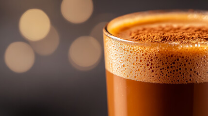 Wall Mural - Macro shot of the texture of a glass of spiced chai highlighting the creamy frothy surface with a sprinkle of cinnamon 