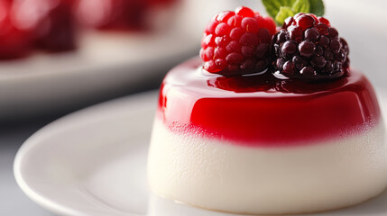 Sticker - Macro shot of the texture of a panna cotta showcasing the silky smooth surface with a glossy berry sauce on top 