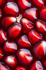 Wall Mural - Macro shot of the texture of a pomegranates seeds showcasing the glossy red arils and juicy texture 