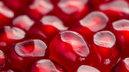 Wall Mural - Macro shot of the texture of a pomegranates seeds showcasing the glossy red arils and juicy texture 
