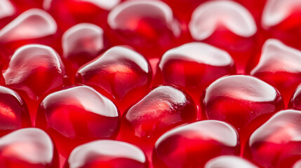 Wall Mural - Macro shot of the texture of a pomegranates seeds showcasing the glossy red arils and juicy texture 
