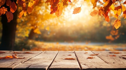 A serene autumn landscape featuring a wooden table adorned with fallen orange leaves, bathed in warm golden sunlight. 