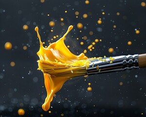 Poster - Vibrant yellow paint splashes from a brush against a dark background, showcasing creativity and artistic expression.