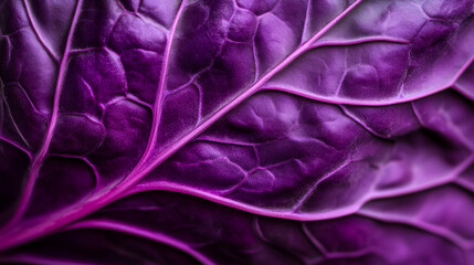 Wall Mural - Macro shot of the texture of a red cabbage leaf displaying its deep purple color and intricate veins 