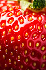 Wall Mural - Macro shot of the texture of a strawberrys surface featuring bright red skin dotted with tiny yellow seeds 