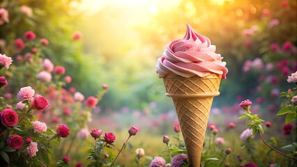 Sticker - A Surreal Ice Cream Cone in a Whimsical Garden:  A Dreamy Fusion of Rose and Fantasy  generative AI