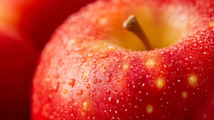 Poster - Macro shot of the texture of an apples skin showcasing the vibrant red surface with tiny yellow speckles 