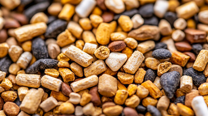 Wall Mural - Macro shot of the texture of goat feed highlighting the mix of grains pellets and dried forage with intricate details 