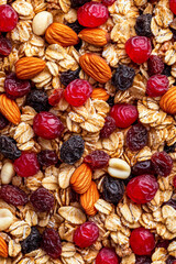 Wall Mural - Macro shot of the texture of granola highlighting the clusters of oats nuts and dried fruit with varied textures 