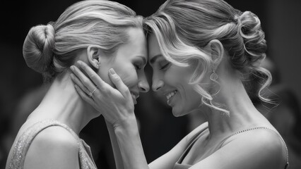 Canvas Print - Two women are embracing each other in a black and white photo, AI