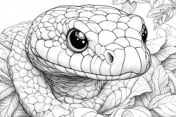 Generate a children's coloring page depicting a friendly snake in a jungle