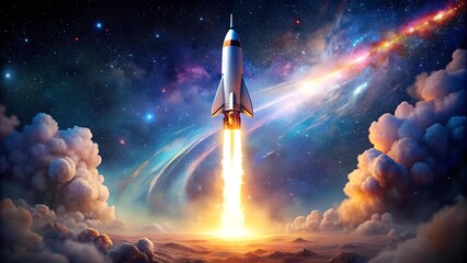 Wall Mural - Cosmic Blastoff: A Vivid Rocket Launch Against a Starry Night Sky  AI generated