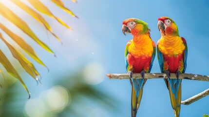 Wall Mural - Colorful parrots perched on a branch under bright sunlight in tropical setting