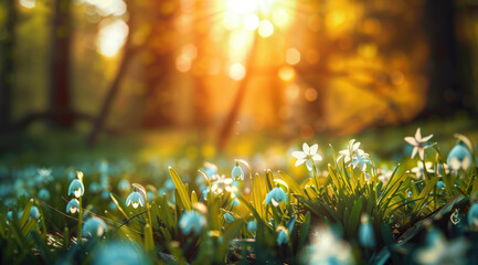 Wall Mural - Beautiful spring forest landscape with snowdrops, green grass and sunlight. Beautiful nature background with blooming flowers in the morning sun light.