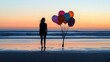 © KYR - Inspiring scene of a woman with balloons on the beach, silhouette at dusk. Emphasizing joy, happiness, and a carefree spirit.