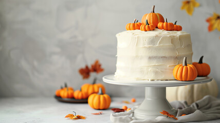 Wall Mural - A close-up of a beatiful pumpkin cake with halloween decorations in the background