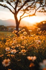 Poster - Sunset Field of White Flowers