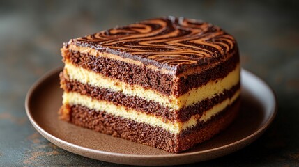 Marble Cake Slice with Chocolate and Vanilla Swirls on a plate - A delectable treat showcasing intricate patterns,